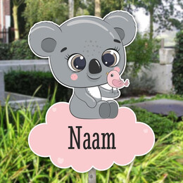 Geboortebord tuin baby koala met vogeltje | roze