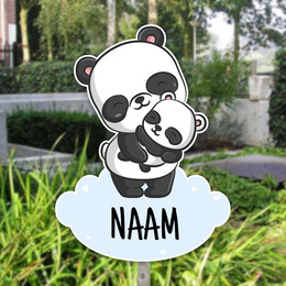 Geboortebord tuin panda met baby en blauw naamwolkje